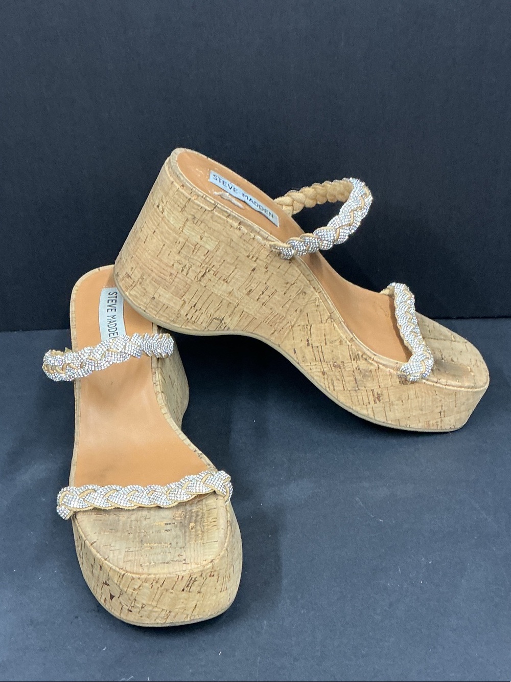 Steve Madden Braided Metallic-Strap Cork Platform Wedges